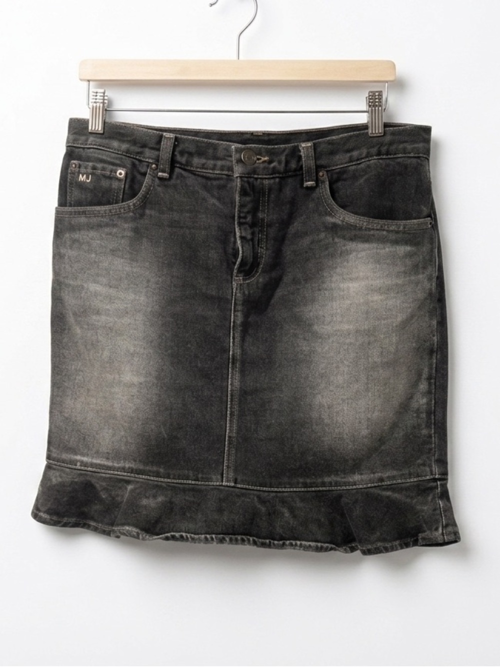 Marc‎ Jacobs Vintage Y2K Faded Black Denim Ruffle Mini Skirt W12216 Sz 32 Jean